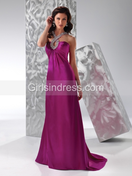 A-line Jewel Beaded Sleeveless Satin Prom Dress
