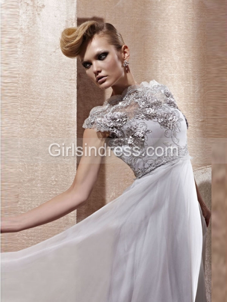 A-line Short Sleeves Embroidery Satin Embroidery Evening Dress