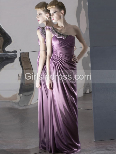 Elegant A-line Beading One-shoulder Satin Evening Dress