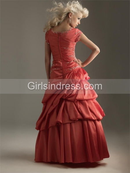 Short Sleeves Paillette Satin Prom Dress