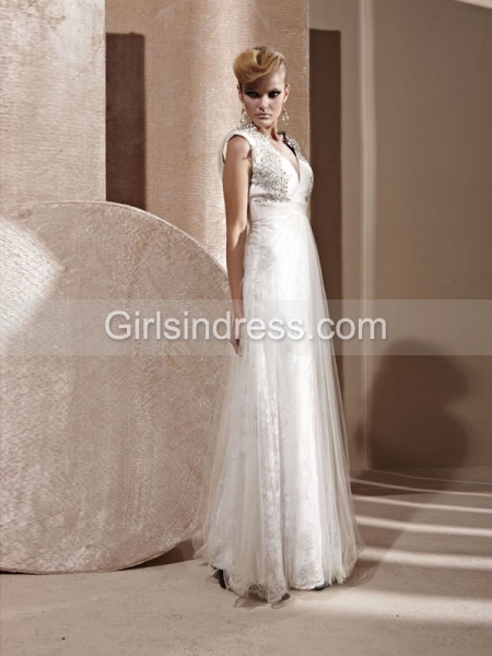 A-line V-neck Embroidery Organza Cape Sleeve Evening Dress