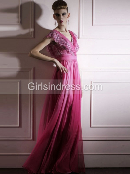 A-line Satin Cape-Sleeve V-neck Embroidery Evening Dress