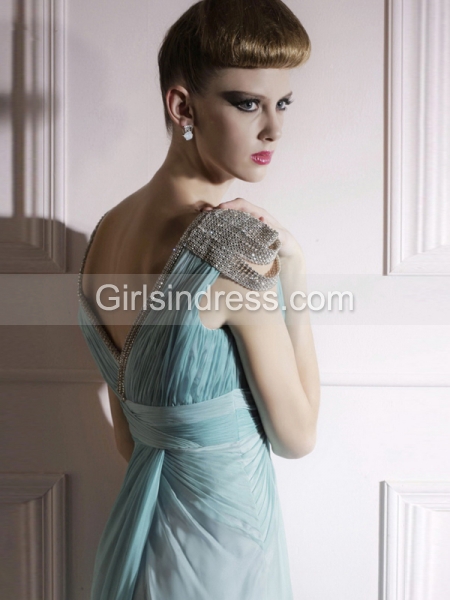 A-line Cape-sleeve Paillette Organza V-enck Evening Dress