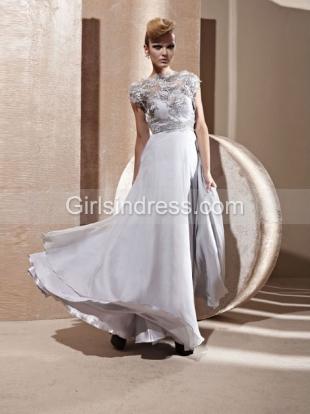 A-line Short Sleeves Embroidery Satin Embroidery Evening Dress