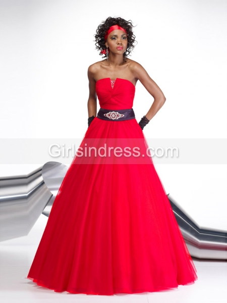 A-line Strapless Beading Organza&Satin Engagement Dress
