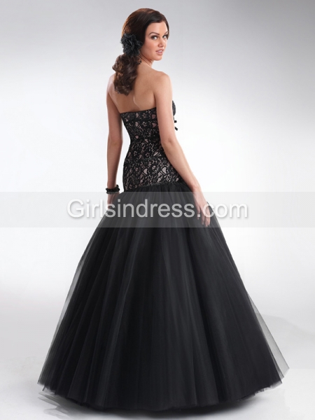 Ball Gown Tulle Strapless Lace Prom Dress