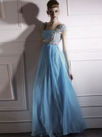 Charming Cape-Sleeve Scoop Jewery Organza A-line Evening Dress