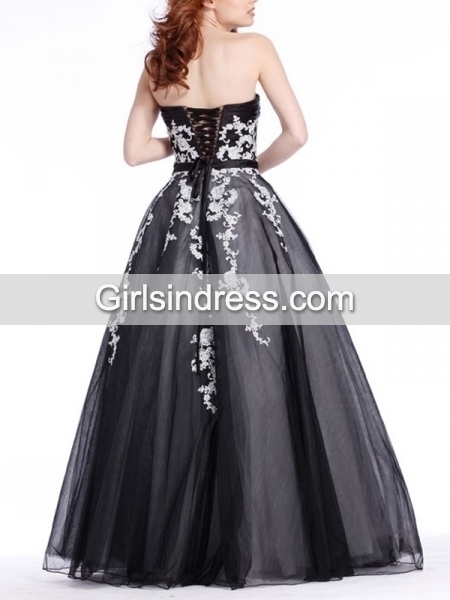 Embroidery Strapless Sweetheart Organza Satin Prom Dress