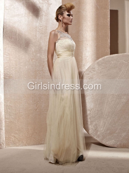 Sleeveless A-line Crystals Chiffon Organza Prom Dress