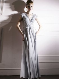A-line Cape Sleeves Satin V-neck Appliques Prom Dress A-line Cape Sleeves Satin V-neck Appliques Prom Dress