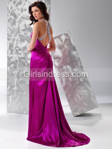 A-line Jewel Beaded Sleeveless Satin Prom Dress