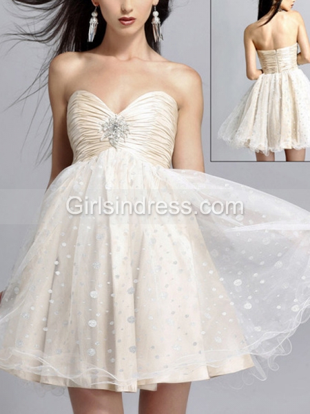 A-line Strapless Sweetheart Jewel Dotted Satin Graduation Dress