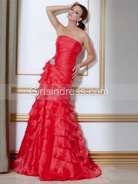 Attractive Sleeveless Cascading Ruffle Floor-length Satin Prom Dress