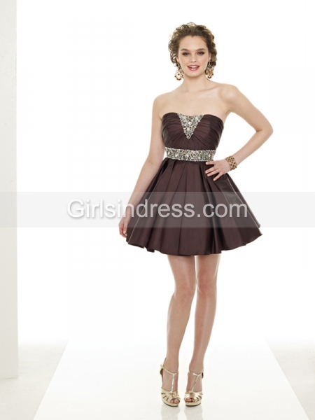 Elegant Beading Satin Short Strapless Cocktail Dress