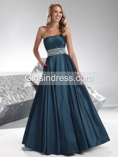 Simple A-line Strapless Satin Ruched Beading Prom Dress