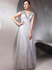V-neck Cape Sleeve Jewery A-line Chiffon Prom Dress V-neck Cape Sleeve Jewery A-line Chiffon Prom Dress