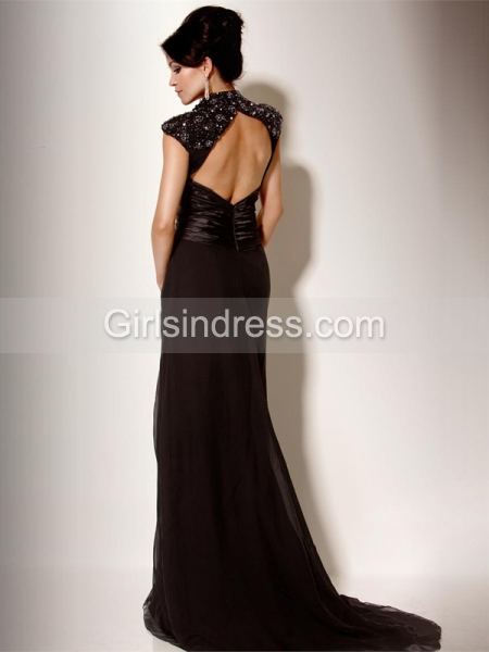 Elegant V-neck Beading Sweeping Chiffon A-line Evening Dress