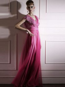 A-line Satin Cape-Sleeve V-neck Embroidery Evening Dress A-line Satin Cape-Sleeve V-neck Embroidery Evening Dress