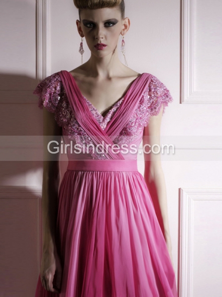 A-line Satin Cape-Sleeve V-neck Embroidery Evening Dress