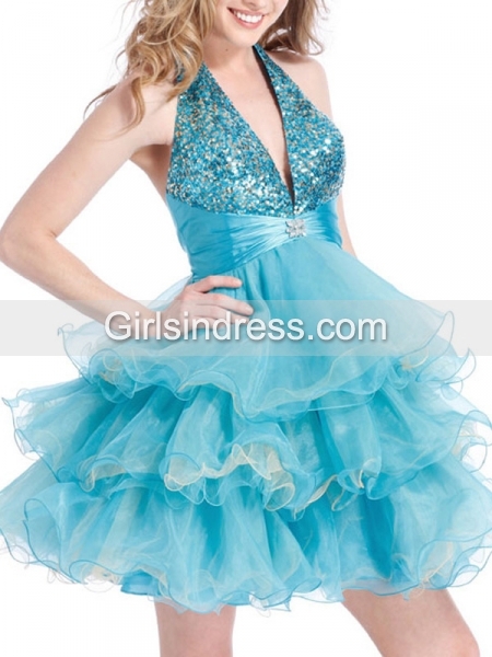 A-line Halter Sequins Organza V-neck Party Graduation Dress A-line Halter Sequins Organza V-neck Party Graduation Dress