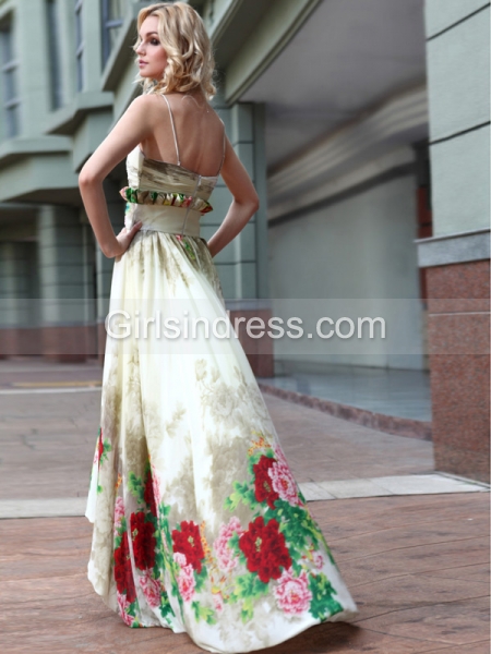 A-line Sleeveless Spaghetti Straps Beaded Asymmetrical Satin Prom Dress
