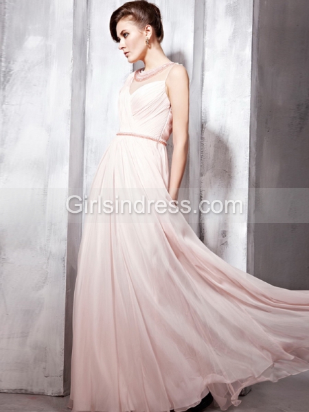 A-line Sleevless Organza Floor Beading Length Evening Dress
