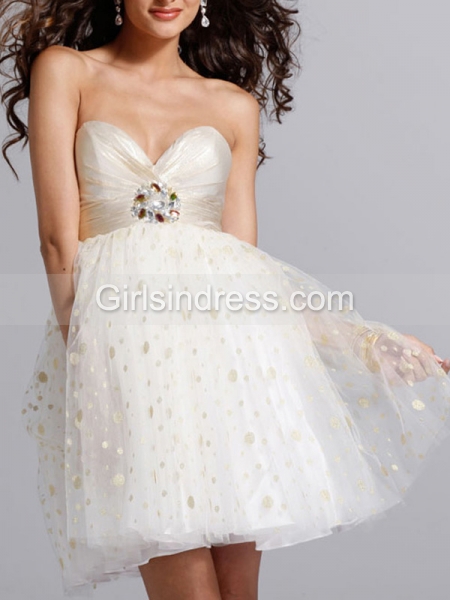 A-line Sweetheart Crystals Organza&Satin Strapless Graduation Dress
