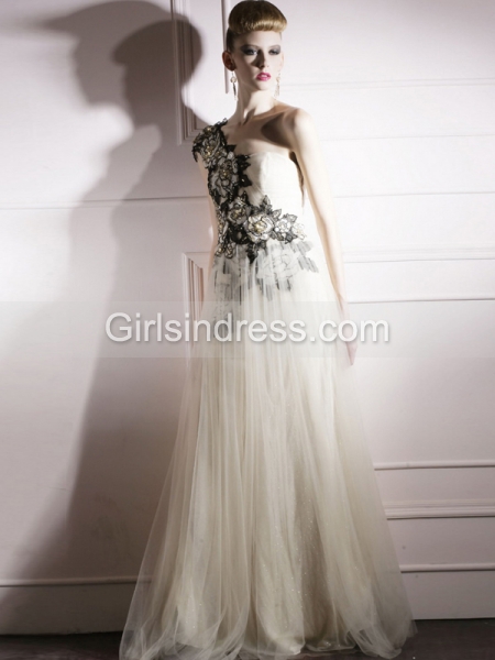 Fantastic A-line Embroidery One Shoulder Chiffon Prom Dress