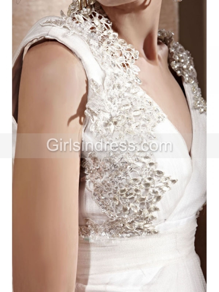 A-line V-neck Embroidery Organza Cape Sleeve Evening Dress