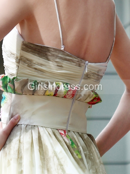 A-line Sleeveless Spaghetti Straps Beaded Asymmetrical Satin Prom Dress