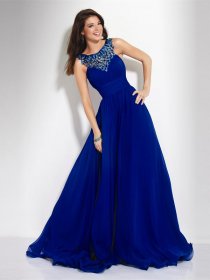 A-line Straps Blue Chiffon Sweeping Train Prom Dress A-line Straps Blue Chiffon Sweeping Train Prom Dress