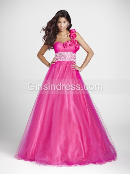 One-shoulder Sweetheart Flowers Beaded Tulle A-line Engagement Dress