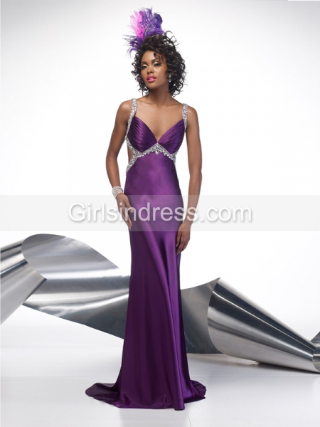 Sheath Straps Beading Satin Prom Dress