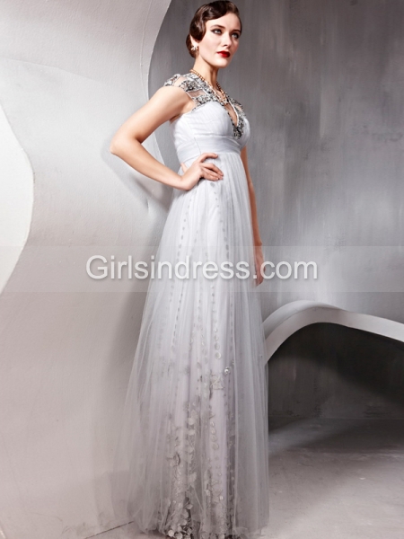 V-neck Cape Sleeve Jewery A-line Chiffon Prom Dress