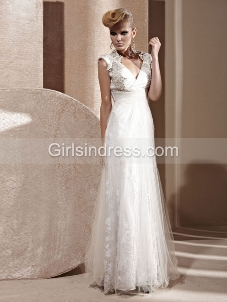 A-line V-neck Embroidery Organza Cape Sleeve Evening Dress