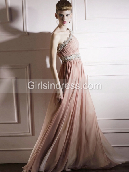 A-line Elaborate Beading One Shoulder Organza Prom Dress