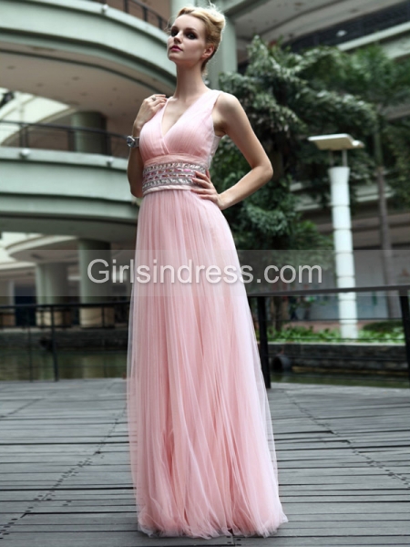 Charming Straps V-neck Beaded Satin Evening/Prom Dress