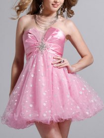 Fancy Dotted Strapless Crystals A-line Organza&Satin Graduation Dress