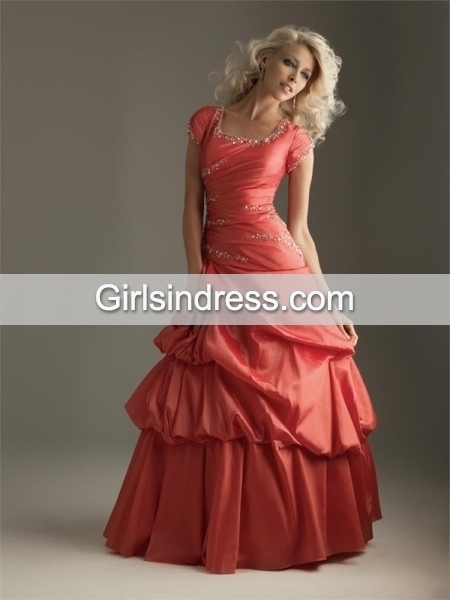 Short Sleeves Paillette Satin Prom Dress