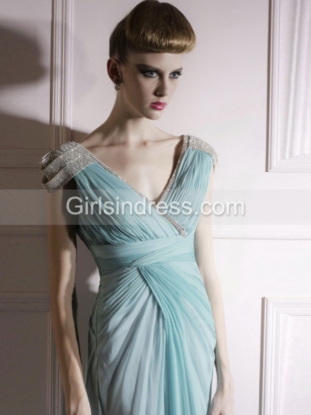 A-line Cape-sleeve Paillette Organza V-enck Evening Dress