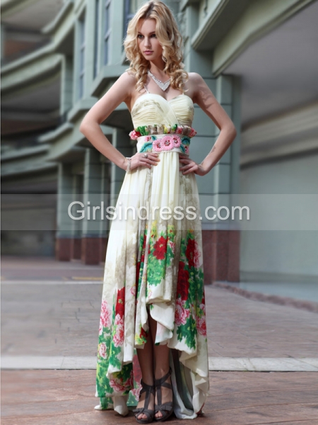 A-line Sleeveless Spaghetti Straps Beaded Asymmetrical Satin Prom Dress