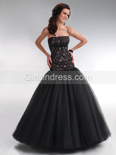 Ball Gown Tulle Strapless Lace Prom Dress