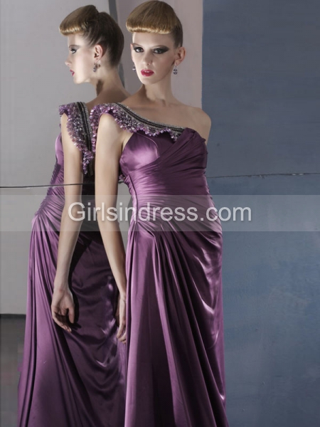 Elegant A-line Beading One-shoulder Satin Evening Dress