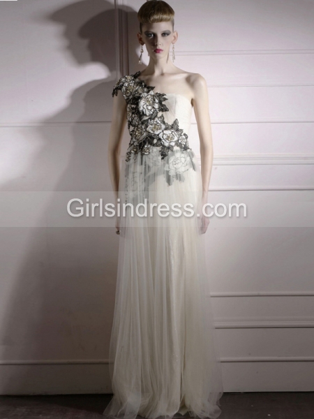 Fantastic A-line Embroidery One Shoulder Chiffon Prom Dress