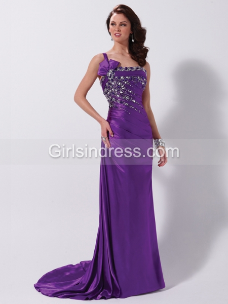 Sheath/Column One-shoulder Beaded Satin Evening Dress
