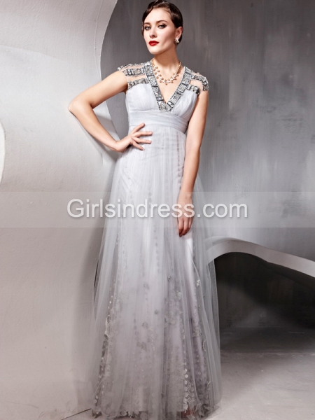 V-neck Cape Sleeve Jewery A-line Chiffon Prom Dress