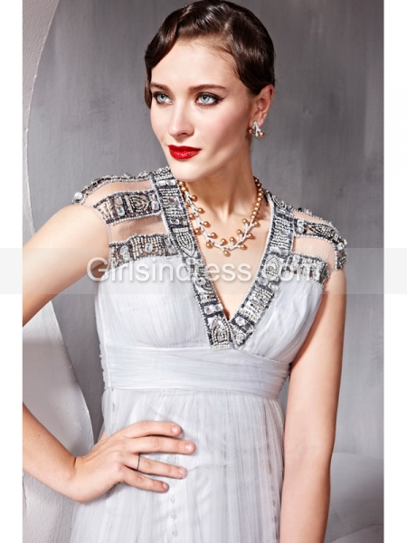 V-neck Cape Sleeve Jewery A-line Chiffon Prom Dress