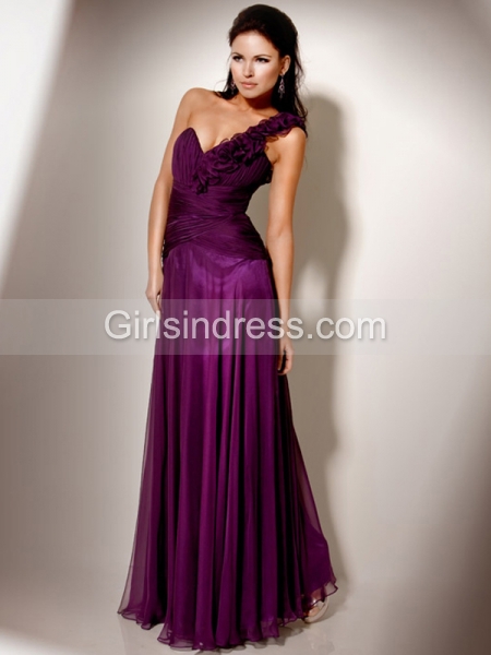 Elegant A Line Flowers One Shoulder Chiffon Prom Dress