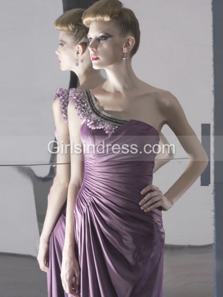 Elegant A-line Beading One-shoulder Satin Evening Dress