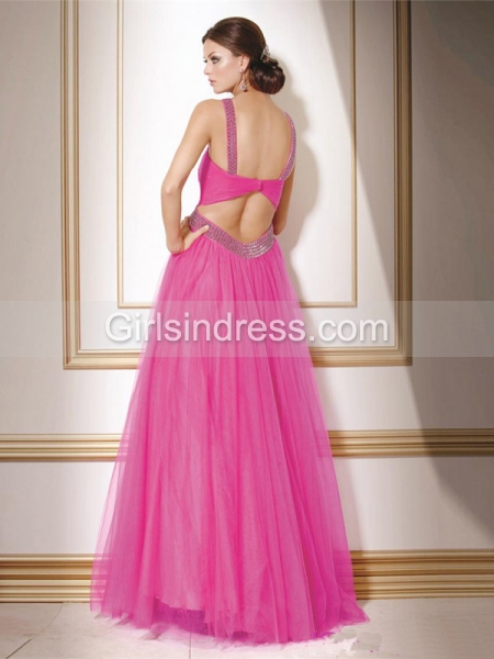 Elegant A-line Straps Beading Tulle&Satin Prom Dress